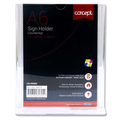 This professional-grade CONCEPT A6 COUNTER TOP COLUMNED SIGN HOLDER is a must-have for organizing and displaying important information. With its sleek design and easy-to-use functionality, it adds a touch of sophistication to any space. Made with high-quality materials, it ensures durability and long-lasting performance. Perfect for businesses, events, and more.