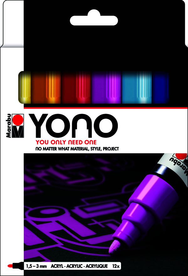 Marabu Yono Marker Set 12 X Yono Marker 1.5-3 Mm (Yellow, Orange , Cherry, Magenta, Pastel Blue, Dark Blue, Reseda, Rich Green, Brown, Grey, White, Black) - MRU 1240000004004 - Al Masam Stationery LLC