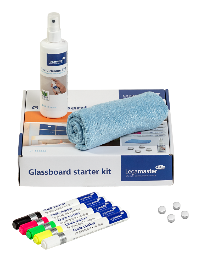 LEGAMASTER BOARD ACCESSORY GLASSBOARD STARTER KIT All essential glassboard tools at hand in your office or classroom Perfect addition to all Legamaster glassboards Ensures a great writing and quick cleaning experience Easy to take with you to any location