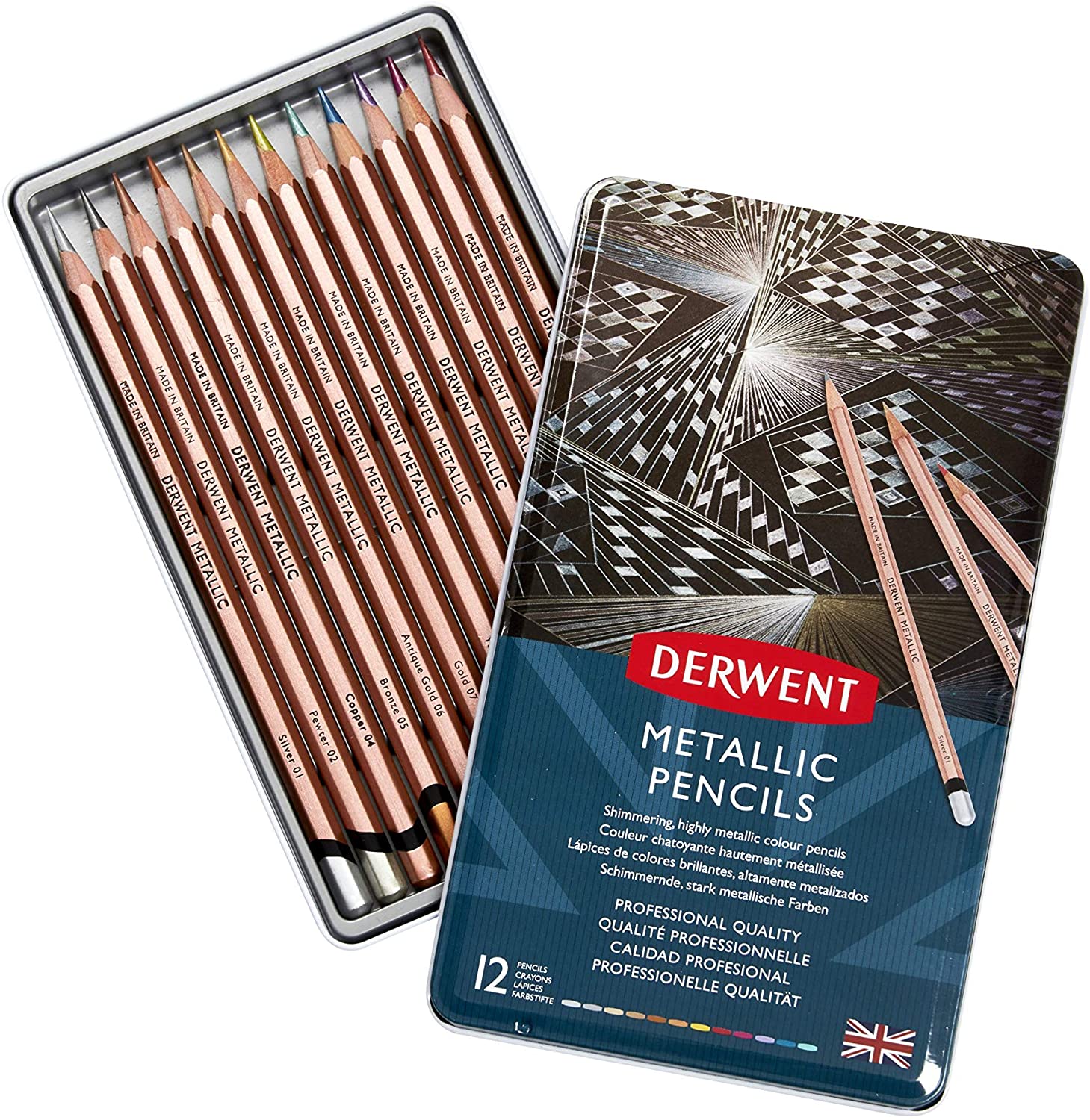 Derwent Colored Pencils, Drawing, Art, Metal Tin, Metallic, 12 Count - Al Masam Stationery LLC
