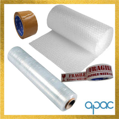 Apac All in One Packaging Kit With 1 x Stretch Rilm, 1 x Bubble Roll, 1 x Brown Packaging Tape, 1 x Fragile Handle With Care Tape|