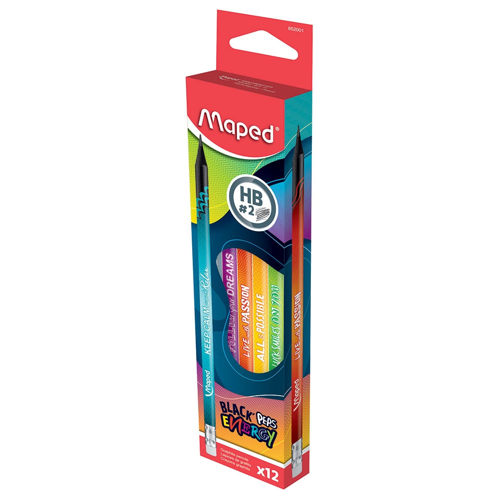 Maped Black Peps Energy HB Pencil with Eraser 12 Pcs - Al Masam Stationery LLC