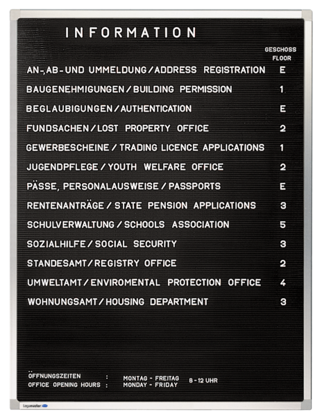 LEGAMASTER PREMIUM INFORMATION BOARD 60X40CM 7-600041 Display (welcome) messages, menu's, announcements or route directions Vintage eye-catcher for your own home, office or café Easily attach and change letters Letters are securely fixed to the board Easy wall mounting: flexible mounting & concealed slot system