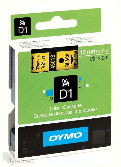 Dymo Labelling Tapes (12mmx7m) D1 Black Printing on yellow lable -45018 - Al Masam Stationery LLC