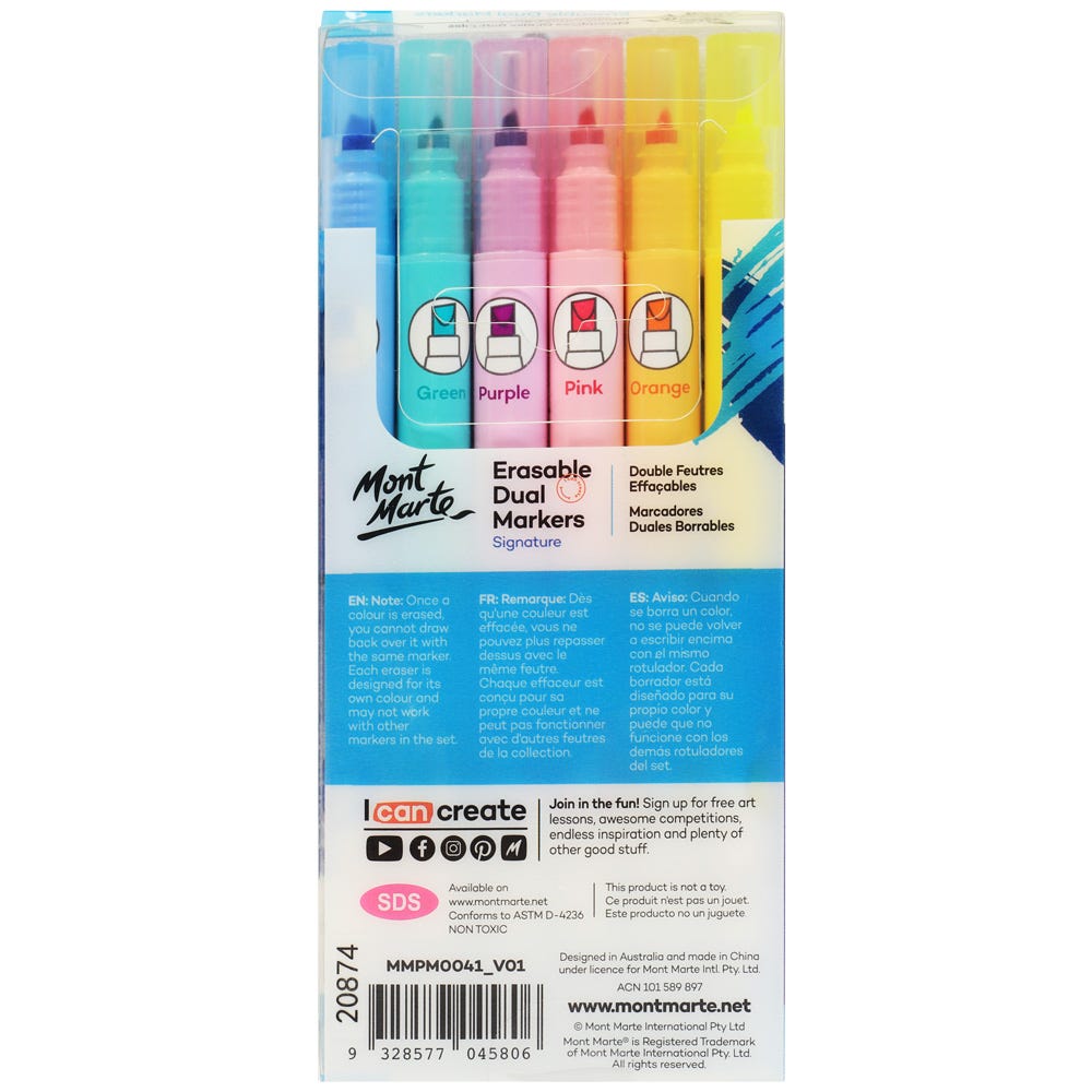 Mont Marte Erasable Dual End Markers 6pc - Al Masam Stationery LLC
