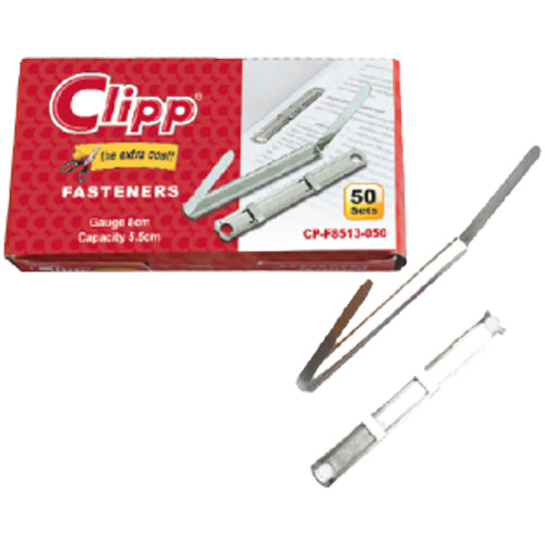 Expertly organize your documents with ease using our Clipp File Fastner Metal 2''. Made of durable metal, these fasteners securely hold papers together to prevent them from getting lost or damaged. Keep your workspace clutter-free and your papers in perfect order.  Brand: Clipp Model:&nbsp;CP-F8513-050 Keeps your papers secure and organised Quick release mechanism Up to 50mm storage capacity.