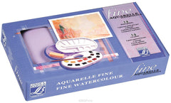 Lefranc & Bourgeois Watercolour Set Plastic Box 14 1/2 pans + 1 squirrel brush #8 + 1 sponge+ 1 color chart - Al Masam Stationery LLC