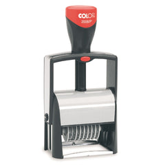 Efficiently label your documents or inventory with the COLOP NUMBER STAMP 58X30. With a precise 58x30mm imprint, easily keep track of important numbers and information. Perfect for professionals seeking an organized and streamlined system.  Combines a 8 digit imprint in a 4 mm height and an idividual text. Each numberband contains of the numbers 0-9.