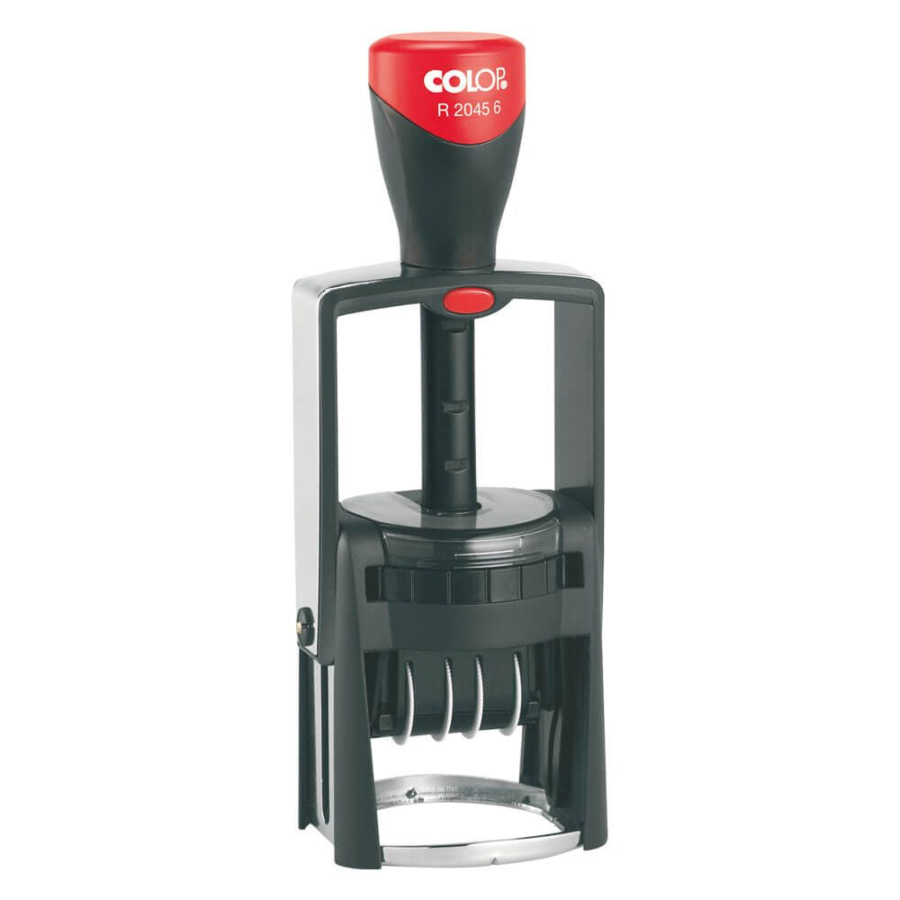 Steel-framed self-inking date stamp.  A high quality product, which has been developed for sturdy use and to meet high demands. Balanced use of different materials: burnished steel guarantees the stability, synthetic materials ensure the smooth action of the sliding parts and allow the machin