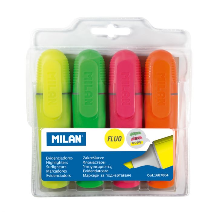 Transparent hanging pack 4 Fluo highlighters, assorted colours - Al Masam Stationery LLC Main image