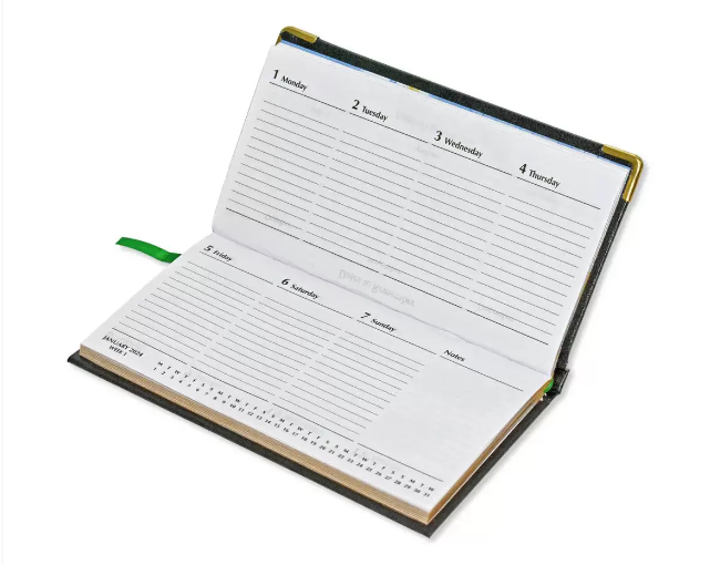 FIS Golden Slim Diary 2024 English (1 Week at a glance) Vinyl, 1 Side Padded, Green - Al Masam Stationery LLC
