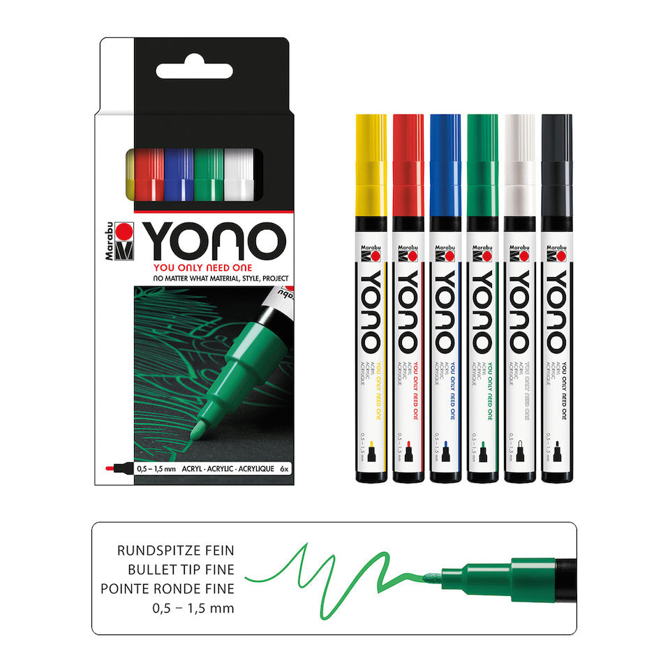 Marabu Yono Marker Set 6 X Yono Marker 0.5-1.5 Mm (Yellow 019, Cherry 125, Dark Blue 053, Rich Green 067, White 070, Black 073) - MRU 1240000003999 - Al Masam Stationery LLC Main image