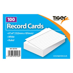 Tiger Record Cards White Ruled 6x4