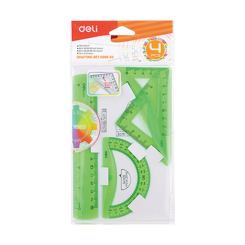 Deli Drafting Ruler Set Squares Protractor 15cm Translucent 3C - Al Masam Stationery LLC