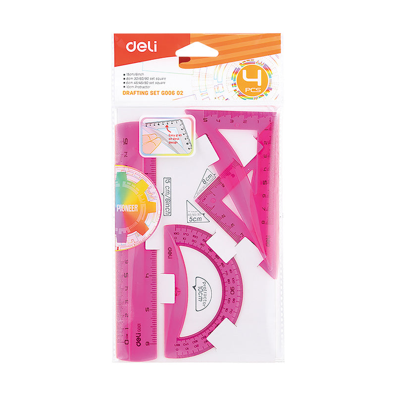 Deli Drafting Ruler Set Squares Protractor 15cm Translucent 3C - Al Masam Stationery LLC