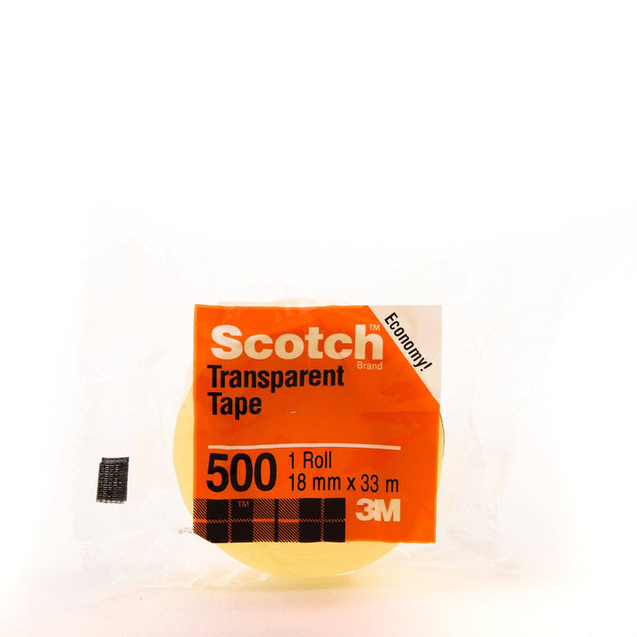 3M Scotch Clear Tape 500-inch in tower, a transparent multi-purpose adhesive tape for binding, sealing, and mending.