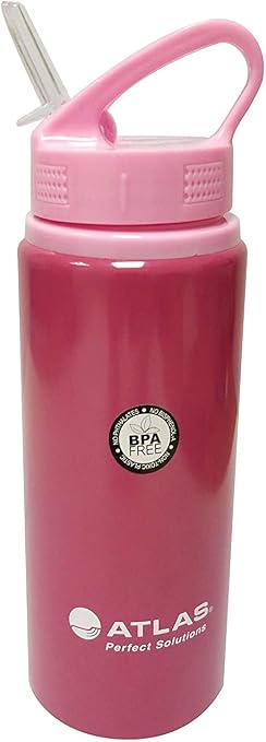 Pink Atlas aluminium sipper water bottle, 600ml capacity, featuring a secure lid and ergonomic design for easy hydration.