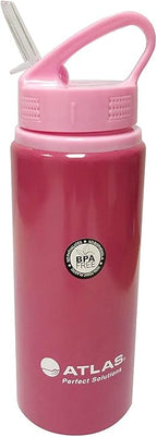 Pink Atlas aluminium sipper water bottle, 600ml capacity, featuring a secure lid and ergonomic design for easy hydration.