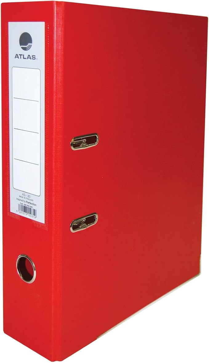 Atlas A4 plastic box file in black with an 80mm red spine for organizing documents and files efficiently.