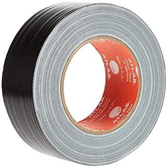 Black Atlas cloth tape, 3 inch by 25 meters, showing textured fabric surface and reinforced edges for packaging and sealing tasks.