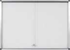 Bi-Office double door white display notice board with enclosed notice area, measuring 1146x967mm, mounted on a wall.