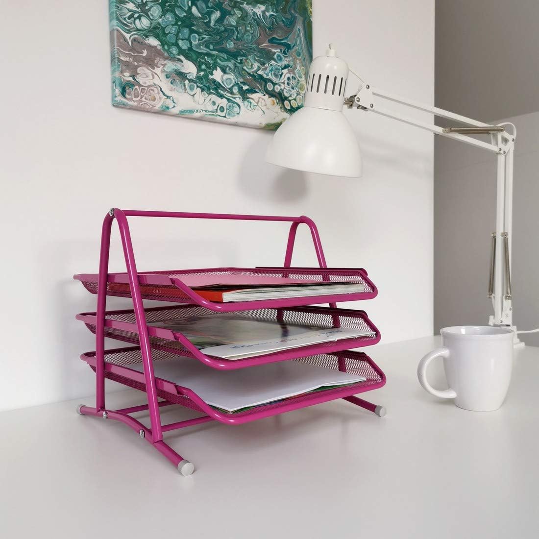 3-Tier Wire Mesh Document Tray – Pink Desk Organiser
