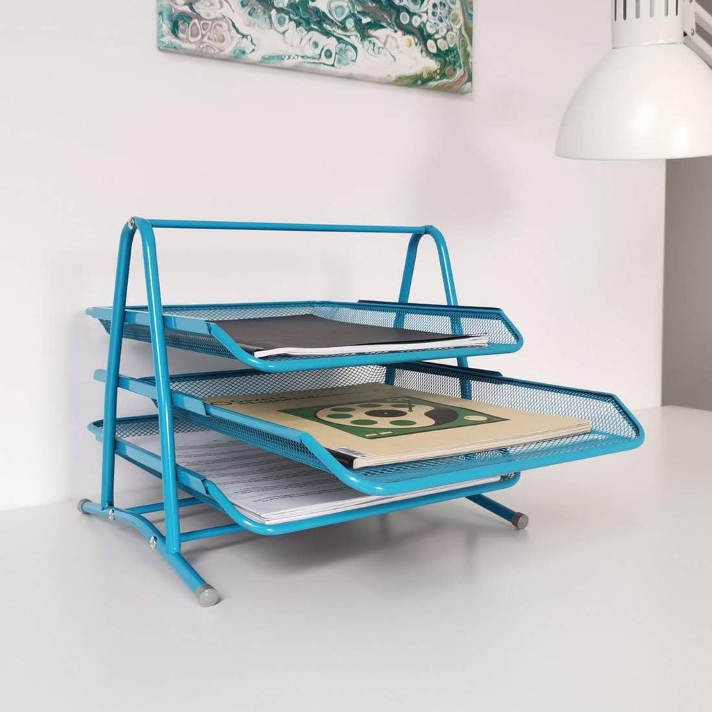 3-Tier Wire Mesh Document Tray – Blue Desk Organiser