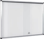 Bi-Office double door white enclosed notice board with clear glass doors and silver framing, measuring 1146x967mm.
