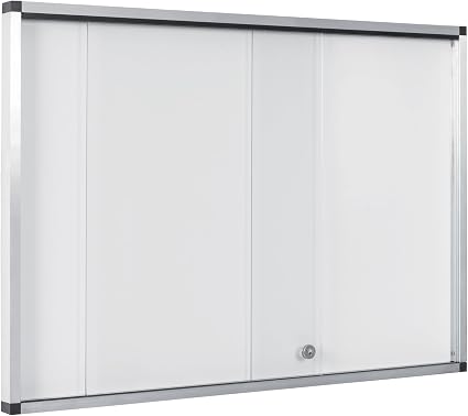 Bi-Office double door white enclosed notice board with clear glass doors and silver framing, measuring 1146x967mm.