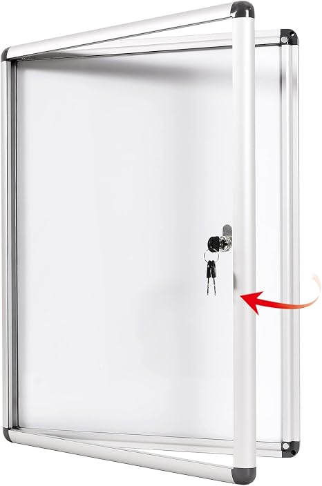 Bi-Office white enclosed notice board with transparent window, 500x674mm display area for notices and information.