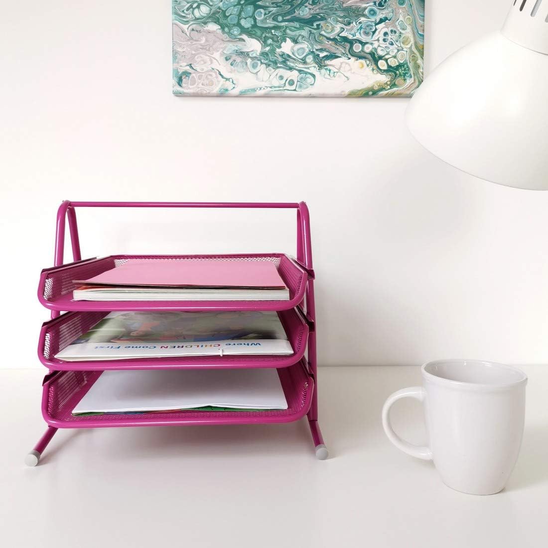 3-Tier Wire Mesh Document Tray – Pink Desk Organiser
