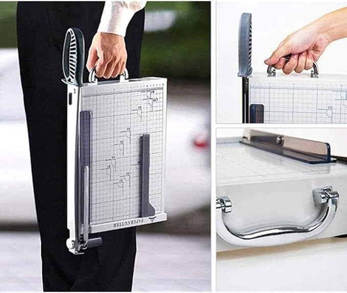 Atlas A4 metal base paper cutter with adjustable guide and sharp blade for precise cutting in office or craft projects.