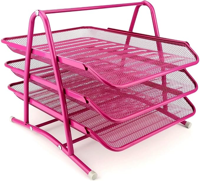 3-Tier Wire Mesh Document Tray – Pink Desk Organiser