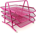 3-Tier Wire Mesh Document Tray – Pink Desk Organiser