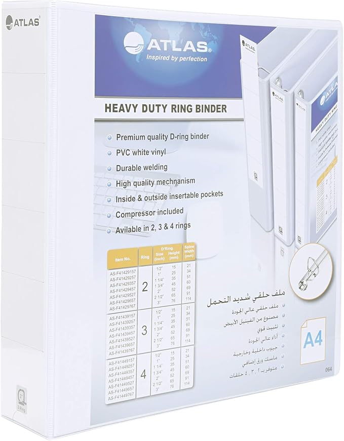 White Atlas A4 3-ring binder with pocket, showcasing metal rings and front pocket for organization.
