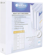 White Atlas A4 3-ring binder with pocket, showcasing metal rings and front pocket for organization.
