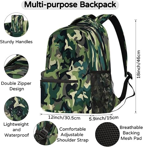 Atlas Boy Army Blue School Backpack with 18-inch size, featuring durable straps and multiple compartments for kids.