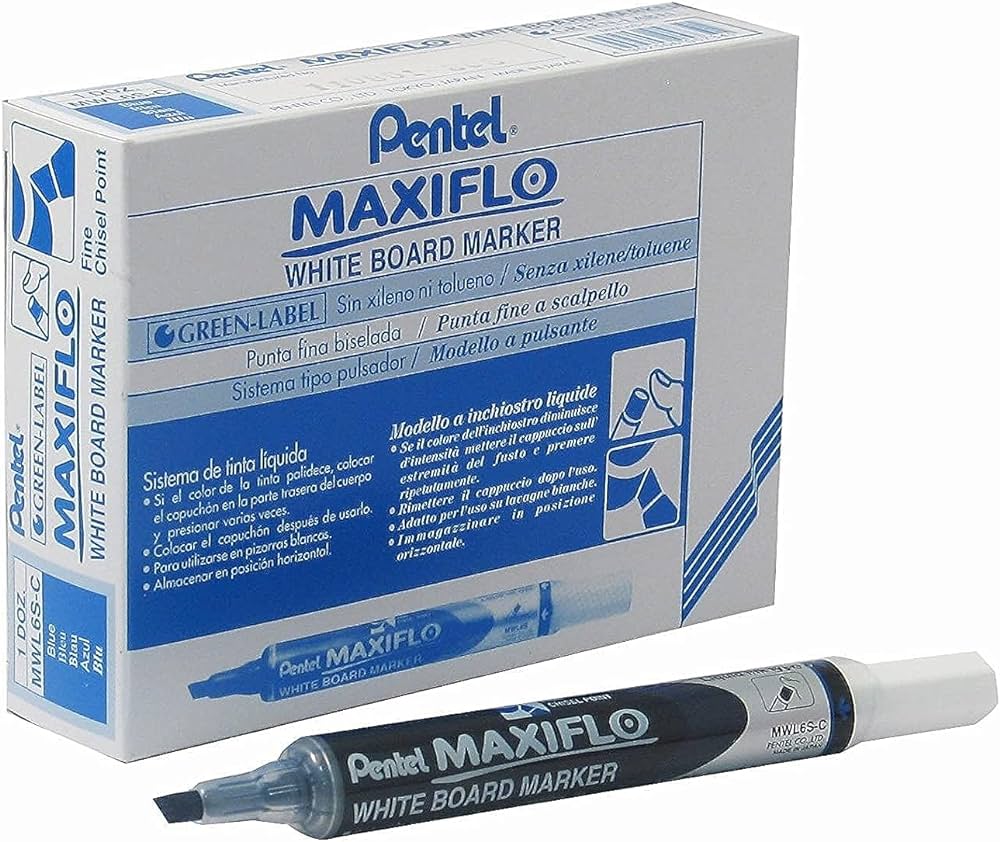 Pentel Maxiflo White Board Marker Chisel Tip Black & Blue Pack - Al Masam Stationery LLC Main image