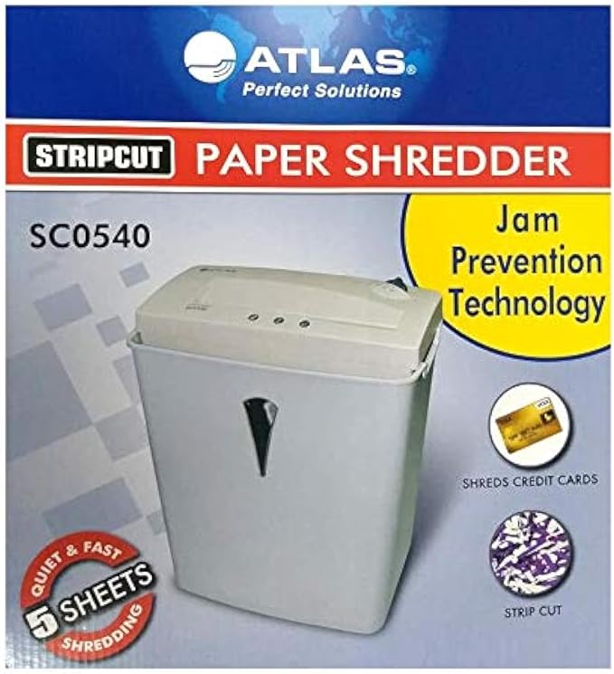 Atlas strip cut paper shredder with 6mm blades shredding 5 sheets of paper in a compact office device