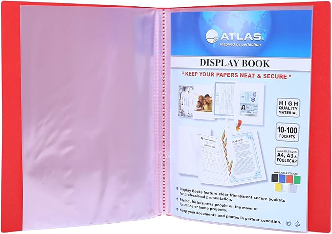 Red Atlas L Shape Folder A4 120m with document compartments, designed for organizing papers efficiently.