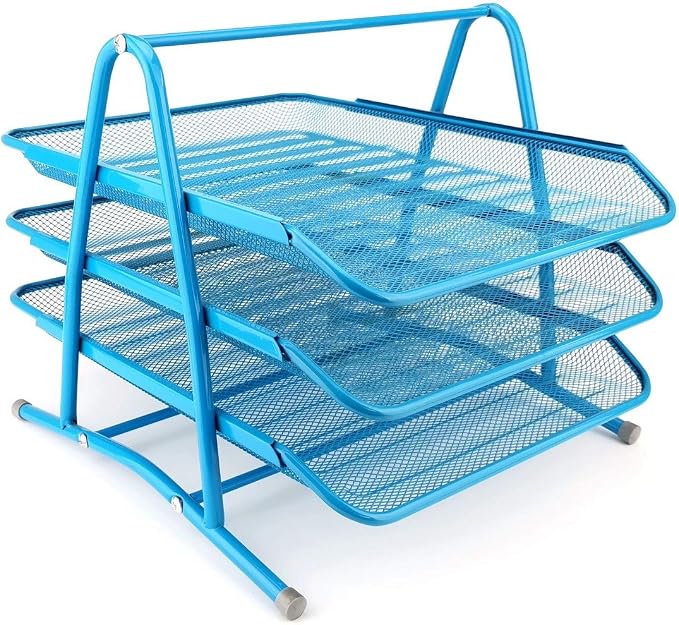 3-Tier Wire Mesh Document Tray – Blue Desk Organiser