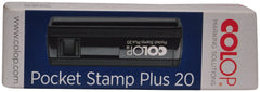 This COLOP Pocket Stamp Plus 20 ruby with a pad in blue is a compact and convenient stamp for all your personal and professional needs. The high-quality ruby color ensures longevity and the blue pad ensures clear imprints. Perfect for on-the-go use and efficient marking on important documents.  Body Material: Plastic; Stamp Material: Rubber; Color: Ruby Stamp Pad Color: Blue Pad Size (LxBxH): 7.3 2 2 Cm Features: 10 Thousand Impression In Each Refilling Included Components: 1 Unit of the Product