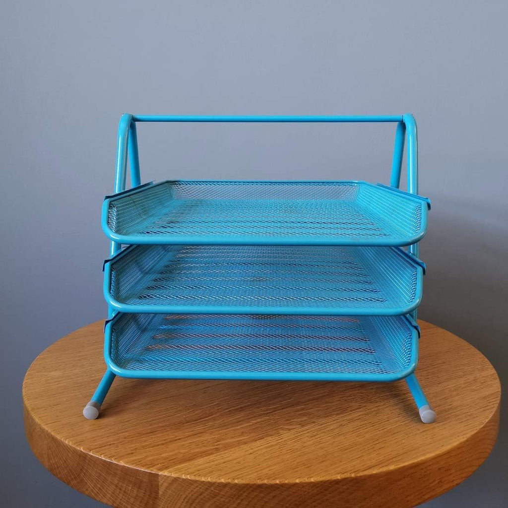 3-Tier Wire Mesh Document Tray – Blue Desk Organiser