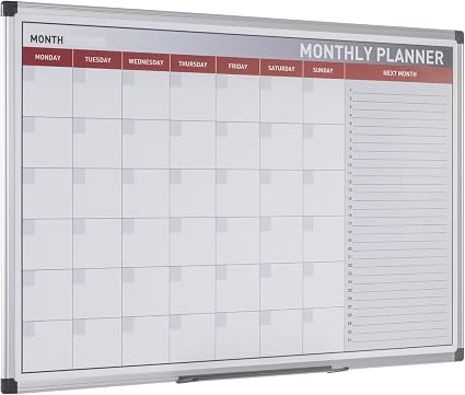 Bi-Office monthly planner with aluminum frame, featuring a clean layout for organizing monthly schedules and appointments.