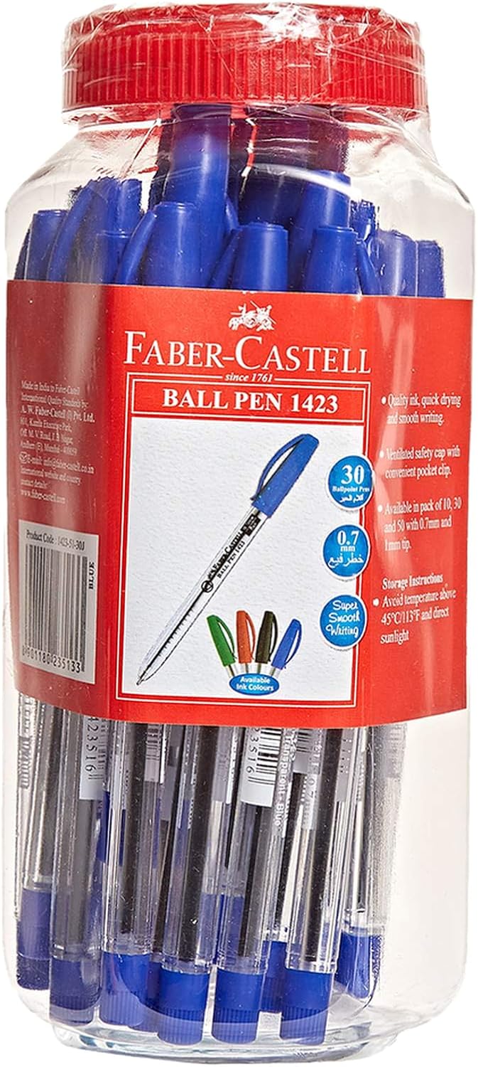 Faber-Castell1423 - Blue - Ball Pen 0.7mm - Jar Of 30 Pieces - Al Masam Stationery LLC