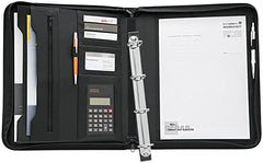 This black A4 conference folder features a ring mechanism and a built-in calculator, making it the perfect organizational tool for business meetings and presentations. Stay on top of your notes and calculations with this efficient and professional accessory.  With removable 4-ring mechanism with solar calculator It closes with a two-sided zipper