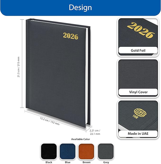 FIS Grey A5 Padded Hard Cover Vinyl 2026 Diary-FSDI18E26GY - Al Masam Stationery LLC