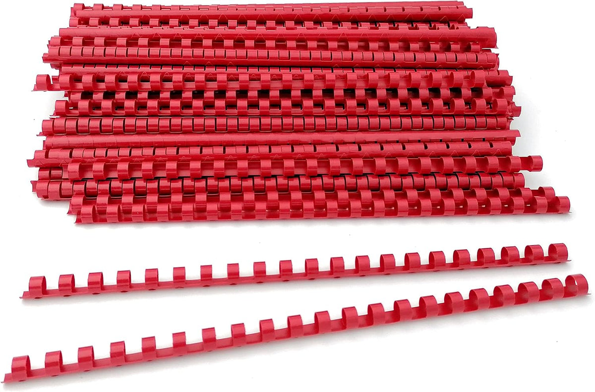Red Atlas A4 binding comb spine, 16mm size, used for binding documents with durable plastic combs.
