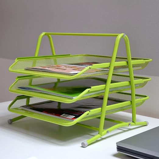 3-Tier Wire Mesh Document Tray – Pink Desk Organiser