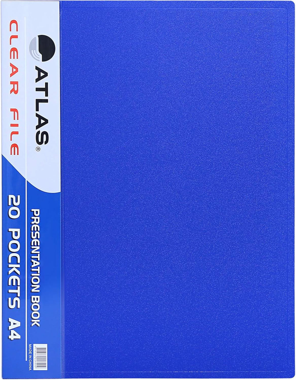Atlas Elite A4 Clear File with 10 blue pockets for document organization and display.